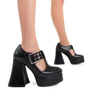 On My Toes Platform Heels in Black Adjustable strap Square Double eyelet Buckle